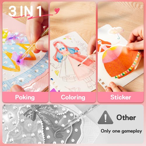 MIROLA KIDS 3 in 1 Fashion Design Drawing Book for Girls, Princess Dress-up Activity Book with Watercolor Painting, Stickers, Poking, Puzzle Puncture Painting for Kids, DIY Craft Kit for 3 4 5 6