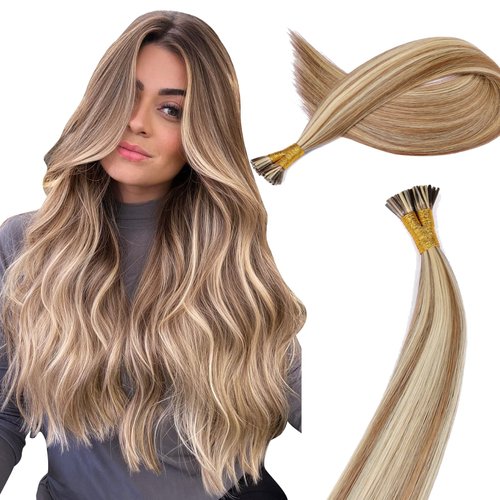 MioYio I Tip Hair Extensions Human Hair 30G/Pack Virgin Hair Itip Human Hair Extensions #P7/60A Pre Bonded I Tip Real Hair Extensions Long Straight Chocolate Brown to Caramel Blonde 18Inch