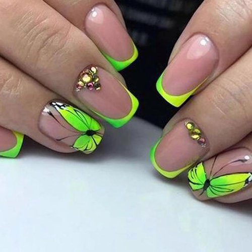 MERVF Square Press on Nails Medium Fake Nails Green French Tip Squoval Nails Press ons with Butte...