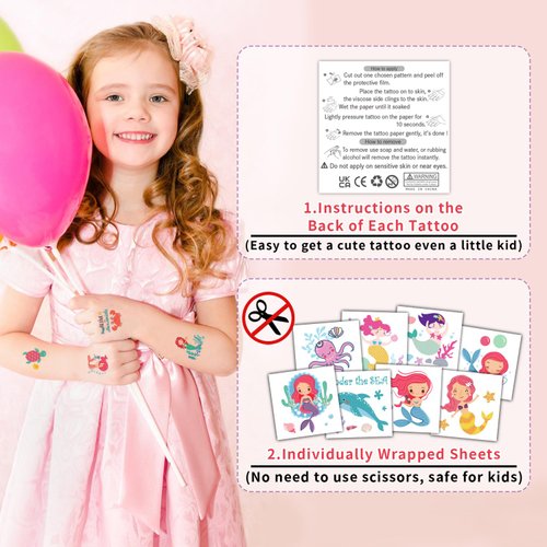 Partywind Mermaid Party Supplies for Girls, Individually Wrapped Sheets Mermaid Temporary Tattoos for Kids Party Decorations Favors, Under Sea Ocean Games Goodie Bag Stuffers (50 Styles)