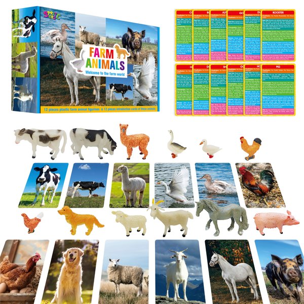 12 PCS Farm Animal Figurines with 12 Introducing Flashcards, Realistic Farm Animals Playset Montessori Toys Science Educational Matching Game for Homeschool Preschool Toddler Kids