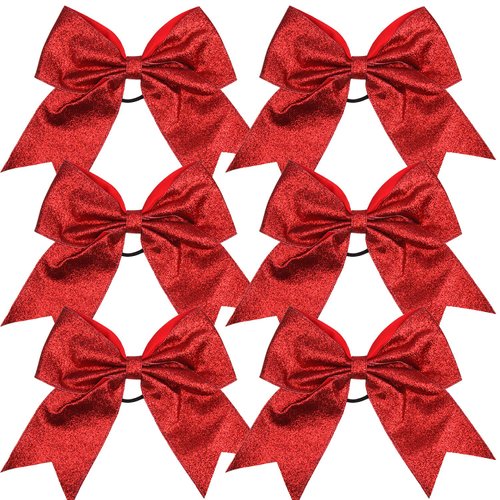 Cheerleader Bows Cheerleading 8 inch Sparkle Glitter Ponytail Holder Hair Tie School for High School College Girl Team Sports 6 Pcs … (Red)