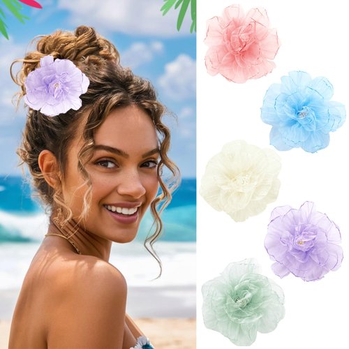5Pcs Hawaiian Flower Hair Clips for Women Fashion Artificial Flower Clips Summer Hair Barrettes for Vacation Beach Party