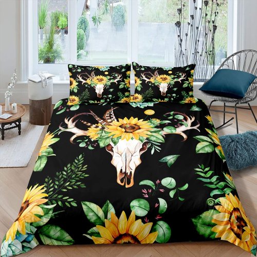 Feelyou Sunflower Comforter Cover Set Yellow Flowers Cow Skull Bedding Set Botanical Floral Leaves Duvet Cover Set Boho Trippy Quilt Cover with 2 Pillowcases Full Size
