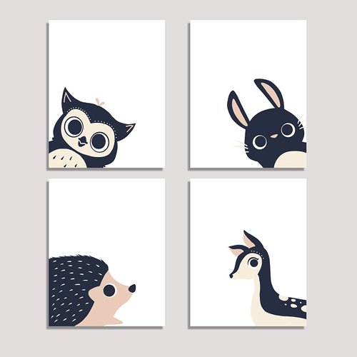 Peeking Animal Collection, Children's Wall Art Prints, Set of Four 24x36 Inch Print, Forest Nursery, Gender Neutral Nursery Decor, Rabbit, Deer, Owl, Hedgehog Decor, Woodland Nursery, Baby Room Decor