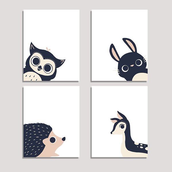 Peeking Animal Collection, Children's Wall Art Prints, Set of Four 24x36 Inch Print, Forest Nursery, Gender Neutral Nursery Decor, Rabbit, Deer, Owl, Hedgehog Decor, Woodland Nursery, Baby Room Decor