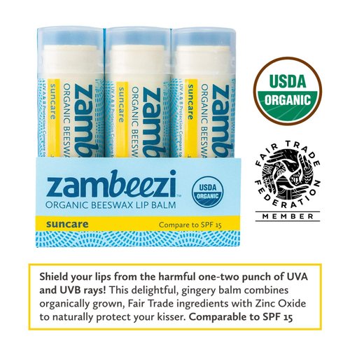 ZAMBEEZI Organic, Fair Trade Beeswax Lip Balm - Suncare 3 Pack - Mineral Based Zinc Oxide Sun Protection - Ethically Sourced