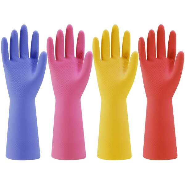 Bamllum Rubber Kitchen Dishwashing Gloves - 4 Pairs Colorful Reusable Household Cleaning Gloves for Washing Dishes and Cleaning Tasks, Flexible Durable and Non-Slip (Medium, Blue+Pink+Yellow+Orange)