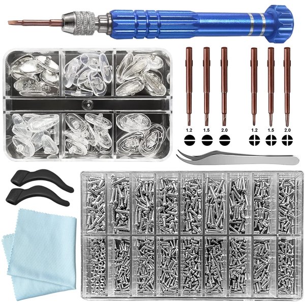 PTSLKHN Eyeglass Repair Kit with Screws, Nose Pads and Eyeglass Screwdriver - 18 Types of Screws for Eyeglasses - Essential Eye Glasses Repairing Kit Tool
