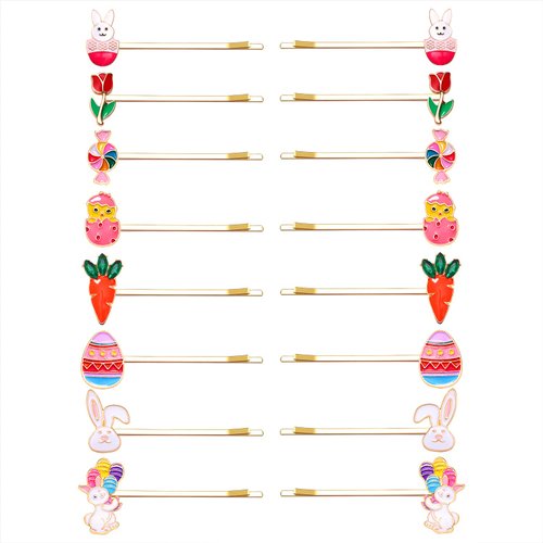 16PCS Easter Hair Clips Cute Bunny Word Hair Pins Colorful Enamel Bobby Pins Easter Egg Carrot Chick Flower Hair Accessories for Girls Holiday Gifts