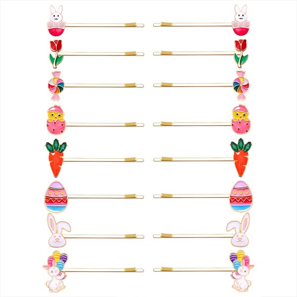 16PCS Easter Hair Clips Cute Bunny Word Hair Pins Colorful Enamel Bobby Pins Easter Egg Carrot Chick Flower Hair Accessories for Girls Holiday Gifts