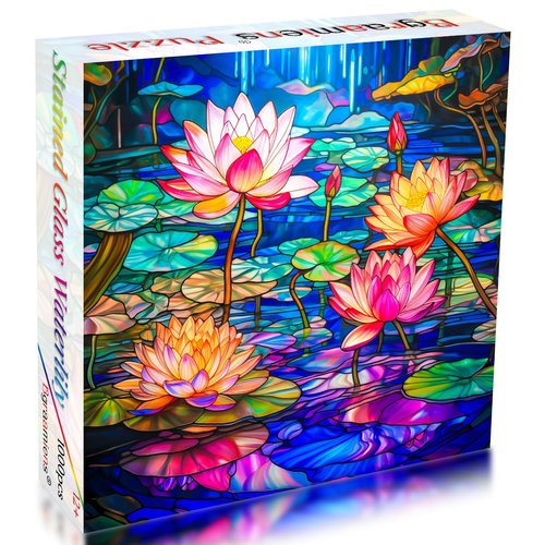 Bgraamiens Puzzle-Stained Glass Waterlily-1000 Pieces Stained Glass Puzzle for Adults, Stained Glass Art Puzzle with Flowers, Impossible Puzzle Color Challenge Puzzle for Adults
