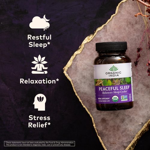 ORGANIC INDIA Peaceful Sleep Herbal Supplement - Deep Sleep Aid, Herbal Sleep Aid for Adults, Natural Sleep Aid Without Melatonin, Supports Sleep Cycles, USDA Certified Organic, Non-GMO - 90 Capsules
