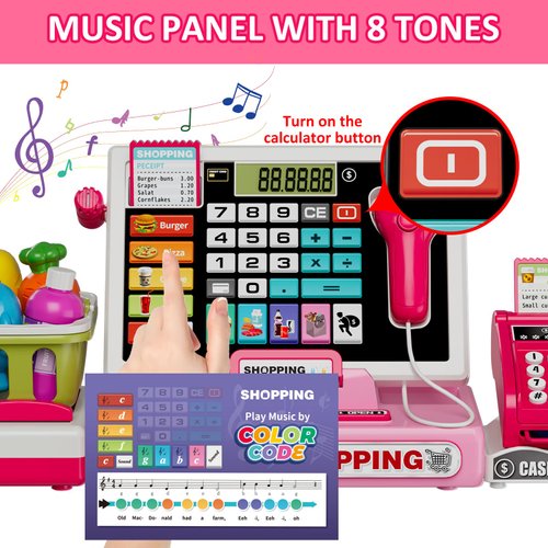 HYES Kids Cash Register Toy Playset with Real Calculator, Toddler Pretend Play Store incl Scanner/Credit Card/Play Money/Conveyor/Food Toys, Learning Toys Gifts for Girls Ages 4-8 8-12, Pink