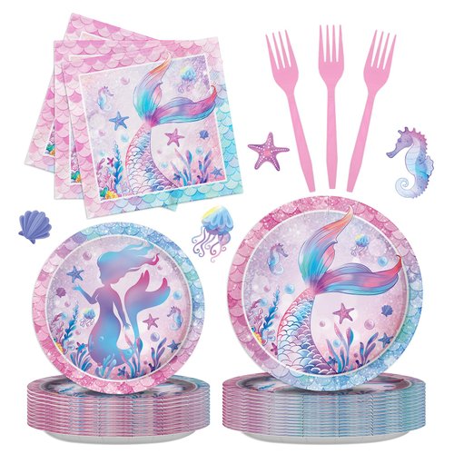 Iemctsy 96PCS Mermaid Birthday Decorations - Little Mermaid Party Decorations, Mermaid Party Favors Mermaid Party Supplies Plates Napkins for Birthday Baby Shower Christmas Party Decorations Serves 24