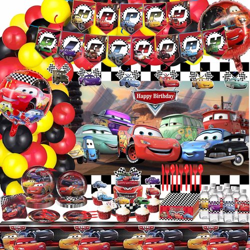 Cars Birthday Party Supplies, Cars Birthday Party Decorations Include Banner, Balloons Arch, Backdrop, Tablecloth, Bottle Labels, Chocolate Stickers, Cupcake Toppers for Cars Theme Party