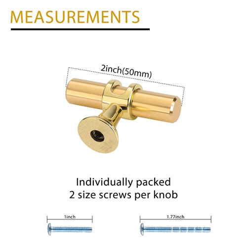 LONTAN 10 Pack Gold Brass Kitchen Cabinets Knobs Dresser Knobs T Bar Solid Cabinet Hardware Drawer Knobs Single Hole Brushed Brass Knobs for Dresser Drawers