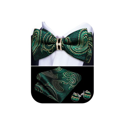 YOHOWA Green Gold Bow Tie and Pocket Square Set Pretied Bow Tie with Gold Diamond Ring