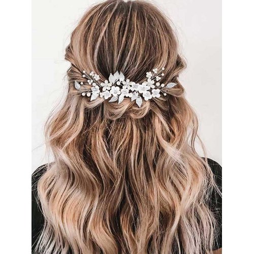 Gorais Flower Bride Wedding Hair Vine Silver Pearl Bridal Headpiece Floral Leaf Hair Piece Hair Accessories for Women and Girls
