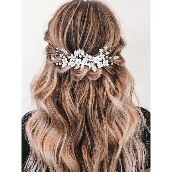 Gorais Flower Bride Wedding Hair Vine Silver Pearl Bridal Headpiece Floral Leaf Hair Piece Hair Accessories for Women and Girls