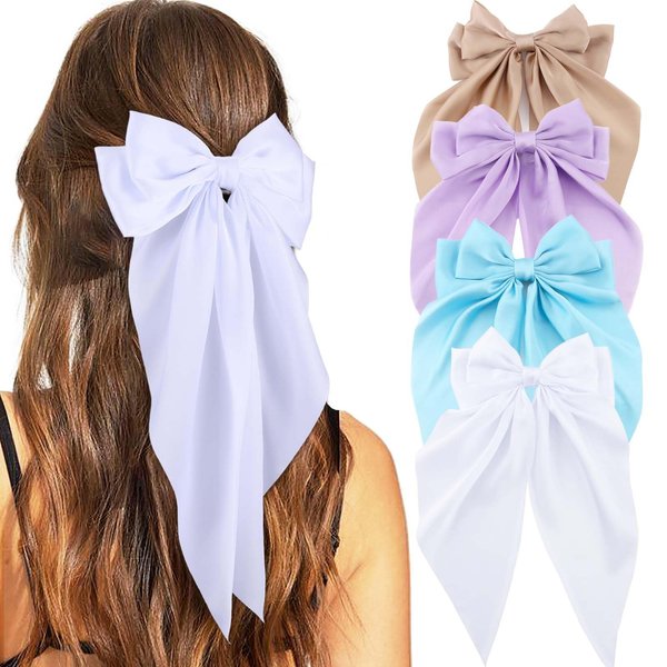 Olbye Hair Bows for Women Silky Satin Hair Ribbon Long Tail Bow Hair Clips Big Coquette Bows Black Hair Bow White Hair Ribbons Bows Hair Accessories for Women and Girls 4Pcs (Hair Bows B)