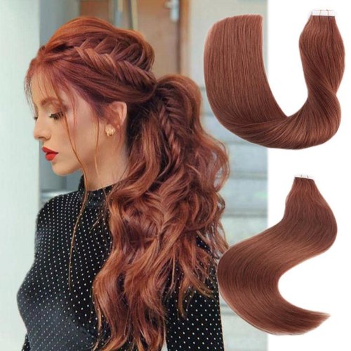YMEYME Tape in Hair Extensions Human Hair Invisible Reusable Seamless Skin Weft Remy Tape Hair Extensions 20Pcs 50g #33 Copper 22inch
