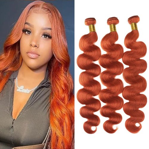 Ginger Body Wave Bundles Human Hair Ginger Orange Body Weave Bundles Color #350 Orange Human Hair Bundles Brazilian Remy Hair Extensions Double Weft Wet and Wavy Bundles Silky and Soft（18 20 22 Inch)