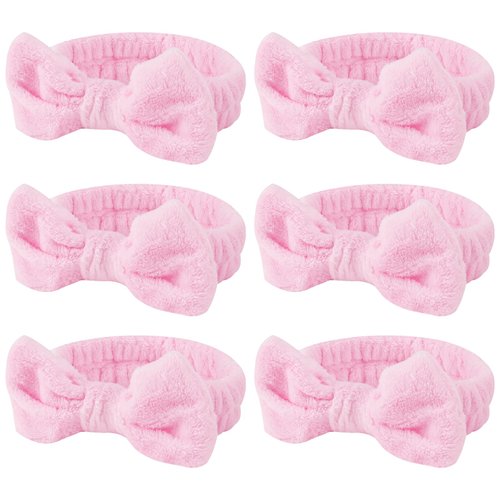 Casoty 6 Pcs Pink Spa Headband, Bow Hair Band, Hair Band for Washing Face, Makeup Headband, Skincare Headbands, Soft Coral Fleece Makeup Headband for Face Washing Yoga