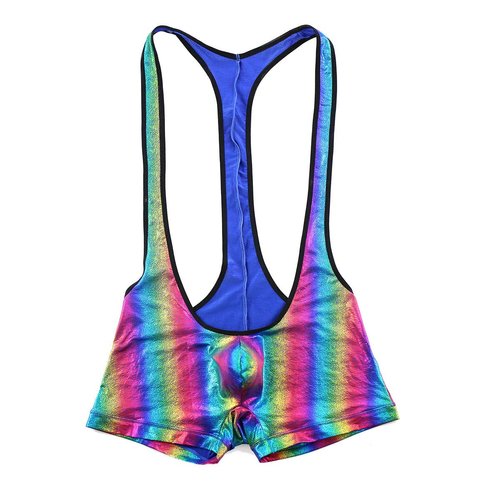 YUFEIDA Mens Suspenders Wrestling Singlet Leotard Thong Bodysuit Jumpsuit Briefs Swimwear (M, Boxer Bodysuit Rainbow)