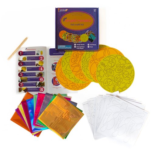 Kulture Khazana: Foil Craft Kit: Rangoli Mandala – DIY Shiny Designs, Peel-Stick, Mess-Free, Cardboard Rangoli Boards, Foam Pcs & Foil Sheets, Ages 4+