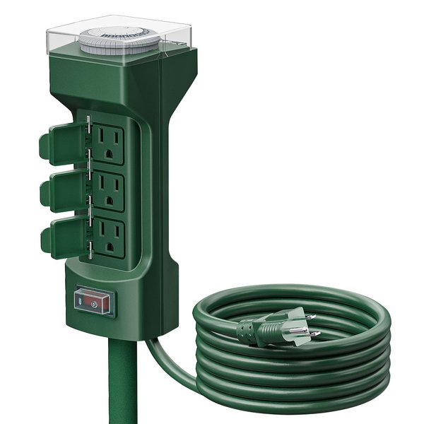 K KASONIC - 24 Hour Outdoor Stake Timer, 6 Outlets 6 ft Extension Cord Mechanical Power Timer for Holiday Light, Yard Garden, ETL Certified, Weatherproof Safety Cover- Green