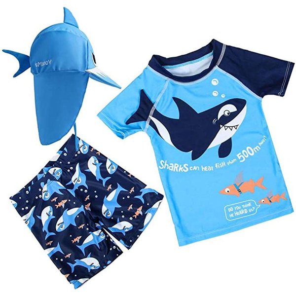Baby Toddler Boys Two Pieces Swimsuit Set Swimwear Dinosaur Bathing Suit Rash Guards with Hat UPF 50+(Shark,9-18 Months)