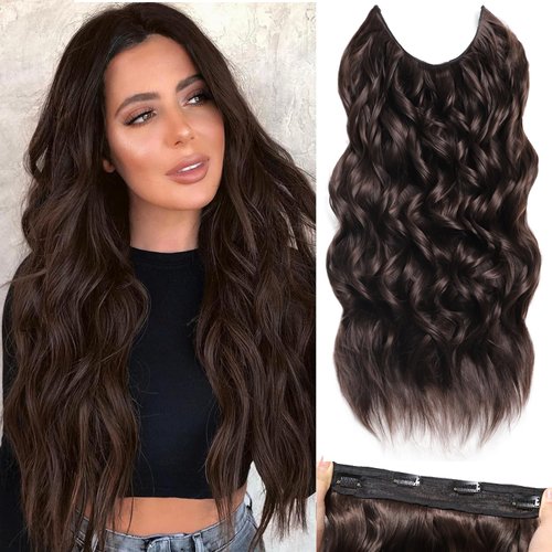 SilkStrands Invisible Wire Hair Extensions with Adjustable 4 Secure Clips 24 Inch Secret Halo Hair Extensions on Soft Transparent Lace Dark Brown Hair Extensions Long Wavy Hair Extensions for Women