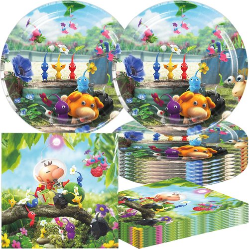 Fuyhiuous 40pcs Pikmin Birthday Party Supplies,Includes 20 Paper Plates - 20 Napkin - Serves 20 Guest for Pikmin Birthday Party Decoration