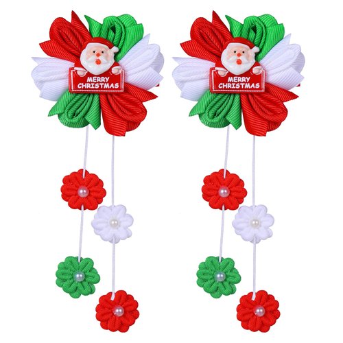 Merry Christmas Cheer Bow Hair Clips Girls Santa Claus Dress Outfit Decor Accessories Xmas Gift Cute Long Tassel Flower Ribbon Alligator Hairpins Barrettes for Kids Teen Toddler