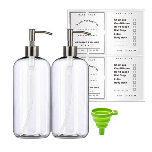 Refillable 32oz Dispenser Plastic Bottle 2pack with Steel Pumps, 1 Liter Crystal Clear Multi-Use Empty Container with Funnel for Shampoo, Conditioner, Body Wash, Liquid Hand Soap, Lotion