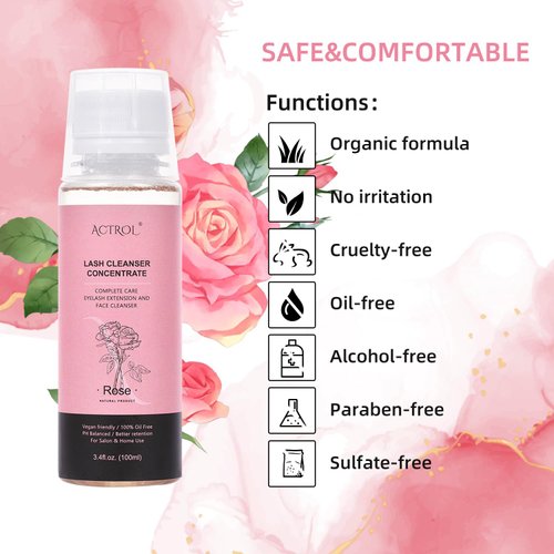 ACTROL Eyelash Shampoo Concentrate 100ml Lash Extensions Cleanser Concentrate Rose Natural Foaming Shampoo Wash for Extensions Lashes with Salon Home Care-Makes 60ml Bottles