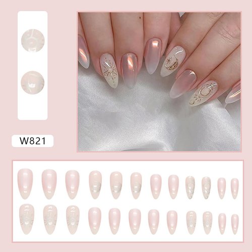 24Pcs Almond Press on Nails Medium Ombre Pink Fake Nails Gold Star Moon Nail Glossy Designs Nail Art Supplies Full Cover Artificial Nail Glue on Nails French False Nails for Women Girls Acrylic Nail