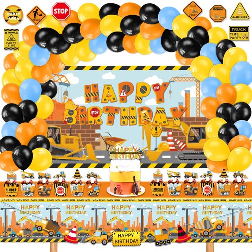 Mpanwen Construction Birthday Party Supplies, 136 Pcs Dump Truck Party Decorations for Boys Baby - Backdrop, Banner, Toppers, Balloons, Cupcakes Wrappers, Party Traffic Signs, Tablecloth