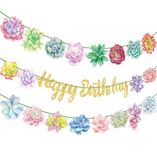 Succulent Birthday Party Banners Succulent Plant Party Gold Happy Birthday Banners Succulent Theme Birthday Party Hanging Decoration for Spring Greenery Party Garden Theme Baby Shower Supplies