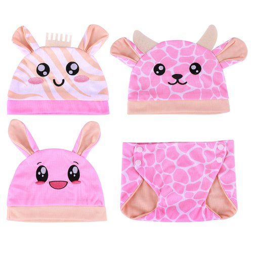 BABESIDE 4 Pcs Baby Doll Accessories Set - Doll Clothes Outfit Hat and Diaper for 17-22 Inches Dolls, Animal Style Pink Doll Hat, Reborn Baby Doll Accessories for Newborn Baby Doll Boy&Girl
