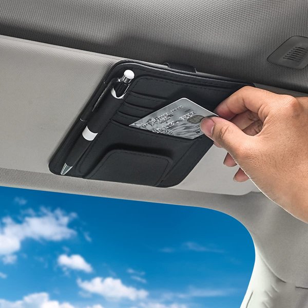 Small Leather Car Sun Visor Organizer Clip for Trucks/Cars, Car Card Sleeve Pocket Organizer, Car Visor Document Holder, Card, Sunglasses, Car Registration/Drving License, Insurance Info, Pen, Note