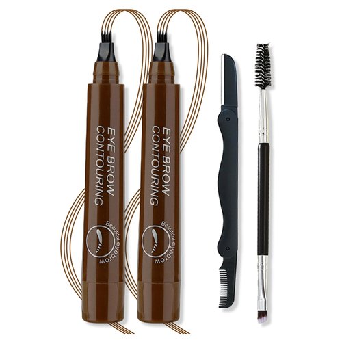 AWCCXMYM 2Pcs Microblading Eyebrow Pencil Kit, 4 Fork Tip Eyebrow Pen Waterproof Long Lasting Up to 24h Smudge Proof Liquid Eyebrow Contouring Pen for Shapes Defines Fills Brow Pencil #Dark Brown