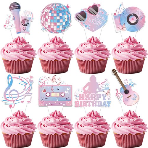 24 Pcs Popular Happy Birthday Era's Party Decorations Cupcake Toppers, Super Star Birthday Party Cake Decorations for Fans Celebration Party, Guitar Themed Party Supplies for Girls Night