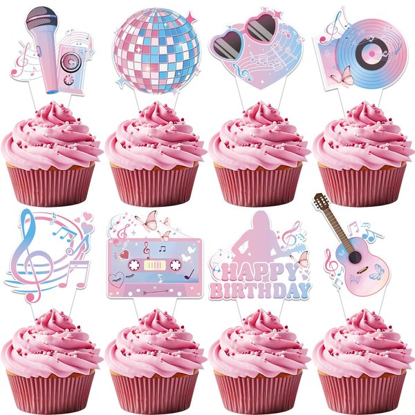 24 Pcs Popular Happy Birthday Era's Party Decorations Cupcake Toppers, Super Star Birthday Party Cake Decorations for Fans Celebration Party, Guitar Themed Party Supplies for Girls Night