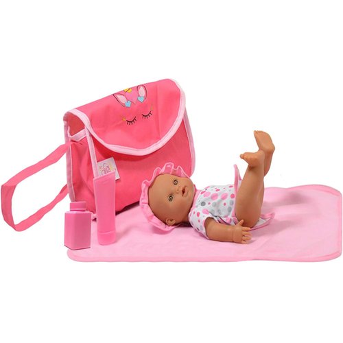 The New York Doll Collection Unicorn Doll Diaper Travel Bag with Doll Care Accessories, Including Baby Lotion, Powder, and Changing Mat