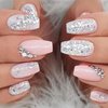 Silver Glitter Press on Nails Medium Square Fake Nails with Rhinestones Design Glossy Pink White Artificial False Nails for Women Girls DIY Manicure Decoration Reusable Stick on Nails Glue on Nails