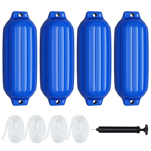 Goplus 4 Pack Marine Boat Fenders, Ribbed Twin Eyes Boat Fender with 4 Ropes & 1 Air Pump, Various Sizes & Colors, Vinyl Inflatable Boat Bumpers for Docking Pontoon Boats (Blue, 23 inch x 6.5 inch)