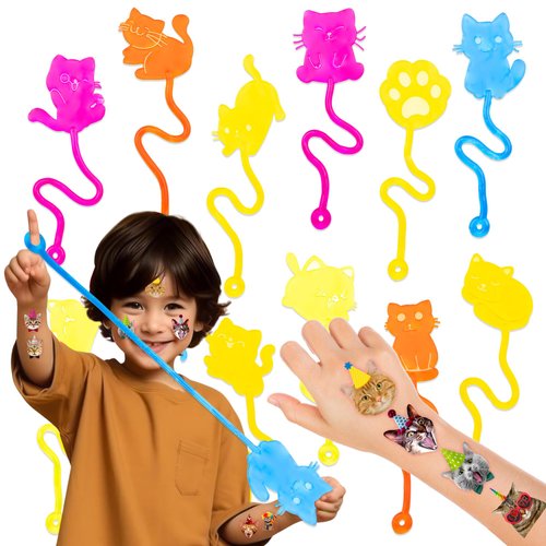 36PCS Cat Party Favors - 24PCS Temporary Tattoos 12PCS Sticky Hands Perfect Birthday Supplies for Kids Stretchy Fidget Goodie Bag Stuffers Treasure Box Toys Classroom Prizes Student Gifts