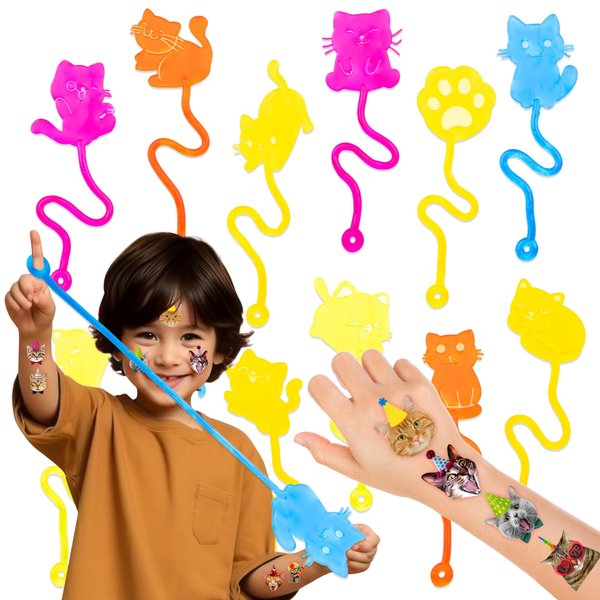 36PCS Cat Party Favors - 24PCS Temporary Tattoos 12PCS Sticky Hands Perfect Birthday Supplies for Kids Stretchy Fidget Goodie Bag Stuffers Treasure Box Toys Classroom Prizes Student Gifts